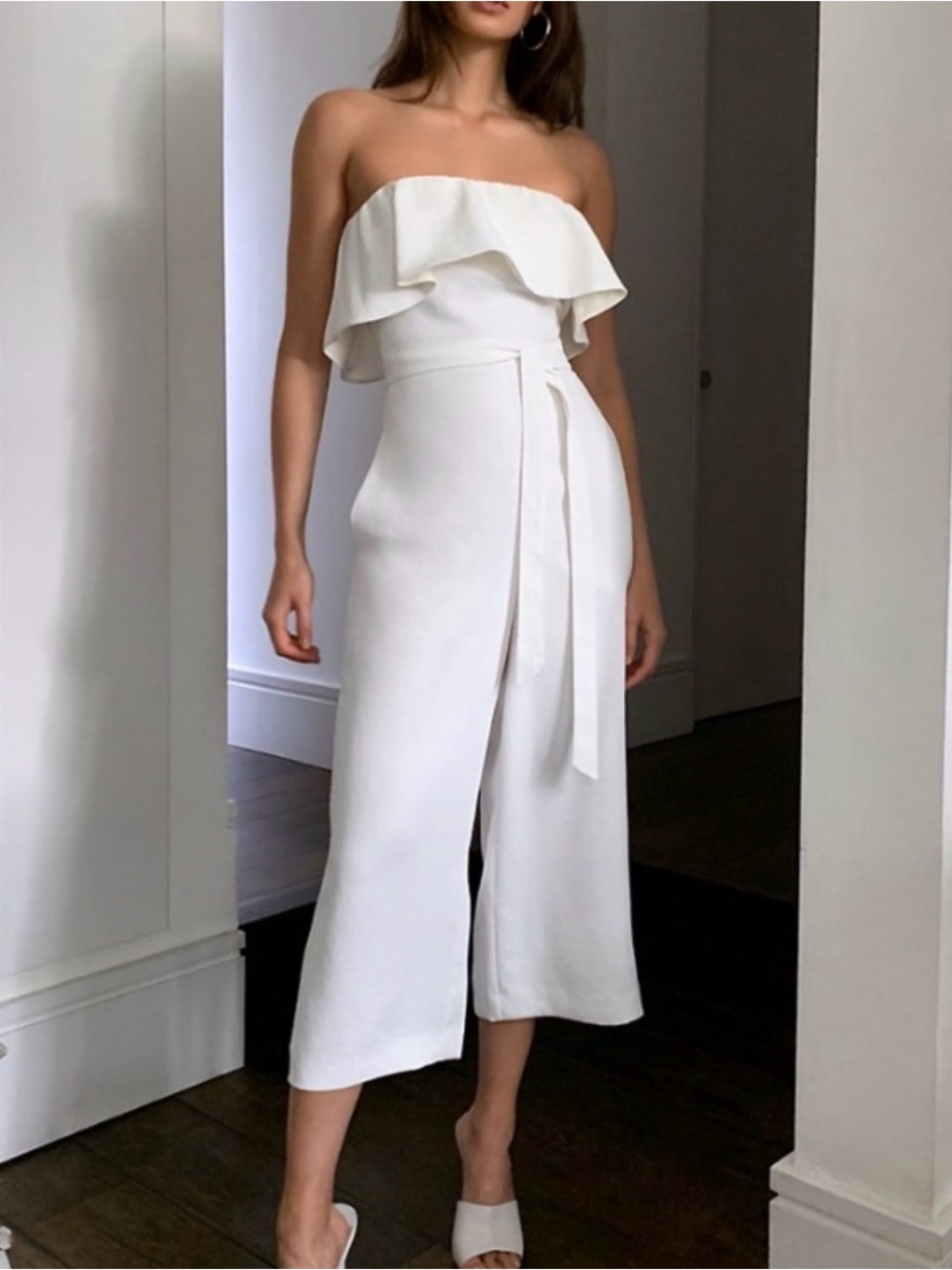 Aritzia Babaton Ivory Strapless Ruffle Wide-Leg Jumpsuit